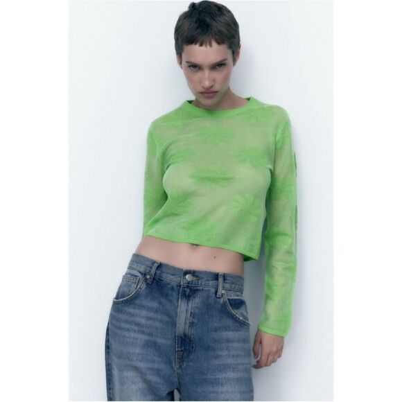 NWT Zara Floral Semi Sheer Mesh Metallic Effect Knit Long Sleeve Cropped Sweater - Picture 3 of 16